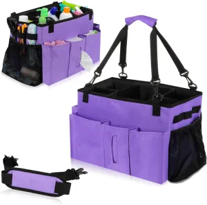 Wearable Cleaning Caddy Bag with Handle, Multi-functional Cleaning Supplies Caddy Organizer with Handle and Shoulder Strap for Car Wash, Gardening Tools, Painting/Picnic Items, Beach (Purple)