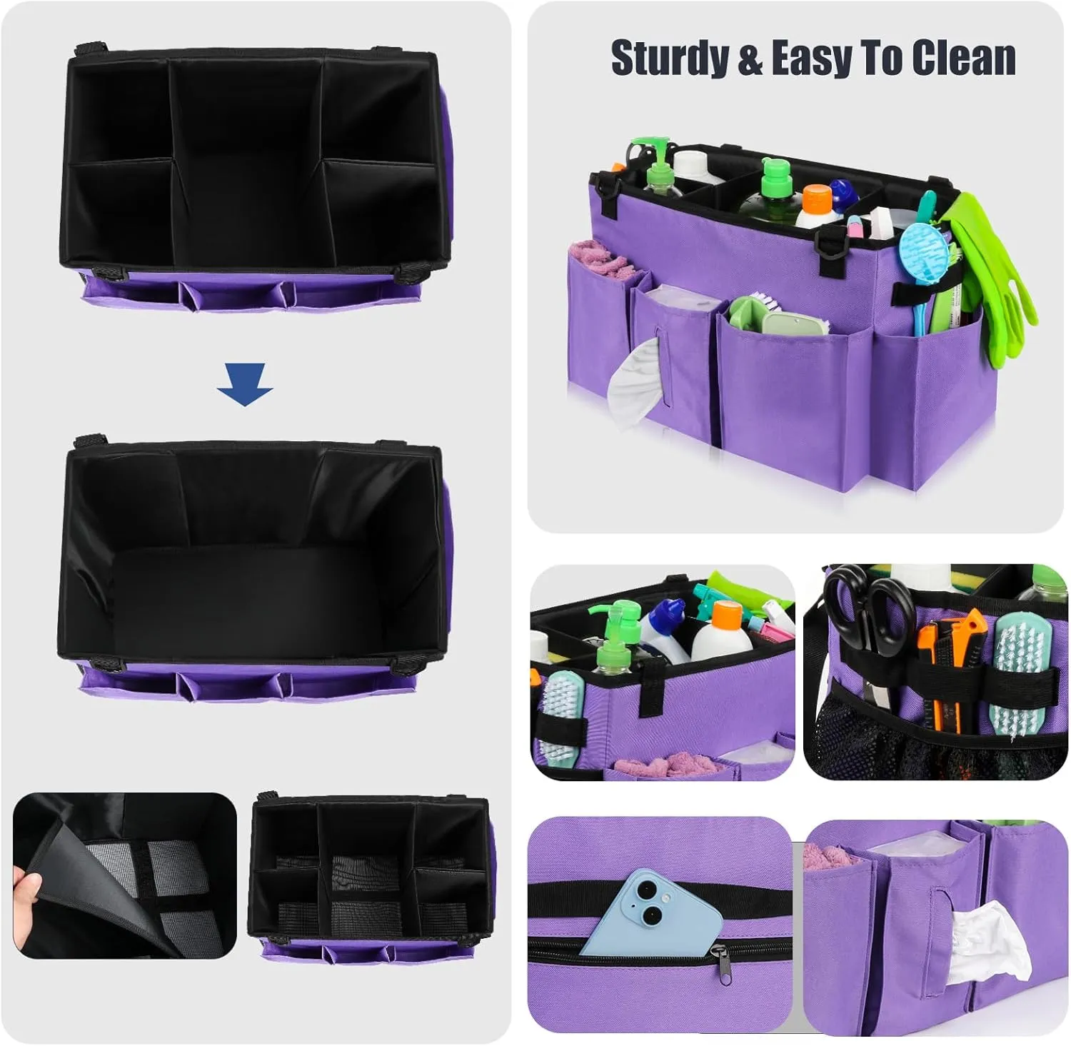 Wearable Cleaning Caddy Bag with Handle, Multi-functional Cleaning Supplies Caddy Organizer with Handle and Shoulder Strap for Car Wash, Gardening Tools, Painting/Picnic Items, Beach (Purple)