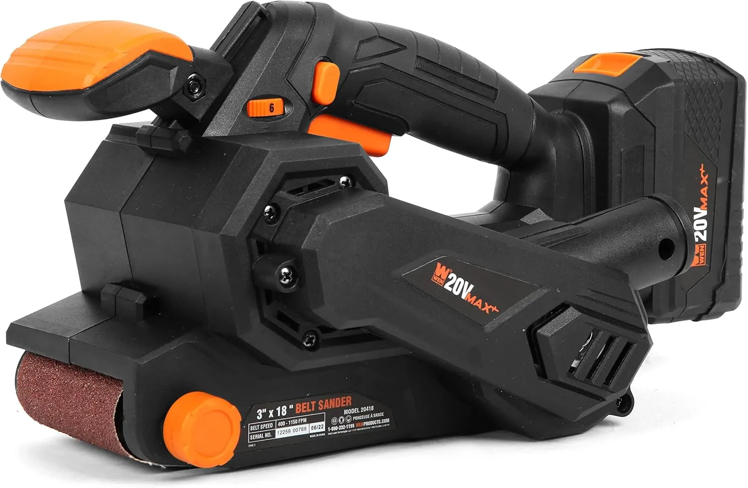 WEN 20418 20V Max Cordless Belt Sander, Variable Speed, Handheld and Portable with 4.0Ah Battery and Charger