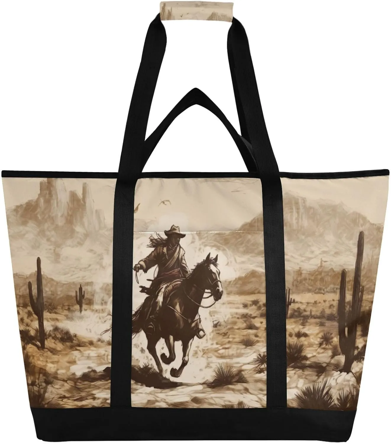 Western Desert Cowboy Reusable Insulated Lunchbox Cooler Bag, Leakproof Kitchen Grocery Bag Collapsible Portable Cooler Tote Bag for Picnic, Camping, Office, Travel