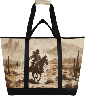 Western Desert Cowboy Reusable Insulated Lunchbox Cooler Bag, Leakproof Kitchen Grocery Bag Collapsible Portable Cooler Tote Bag for Picnic, Camping, Office, Travel
