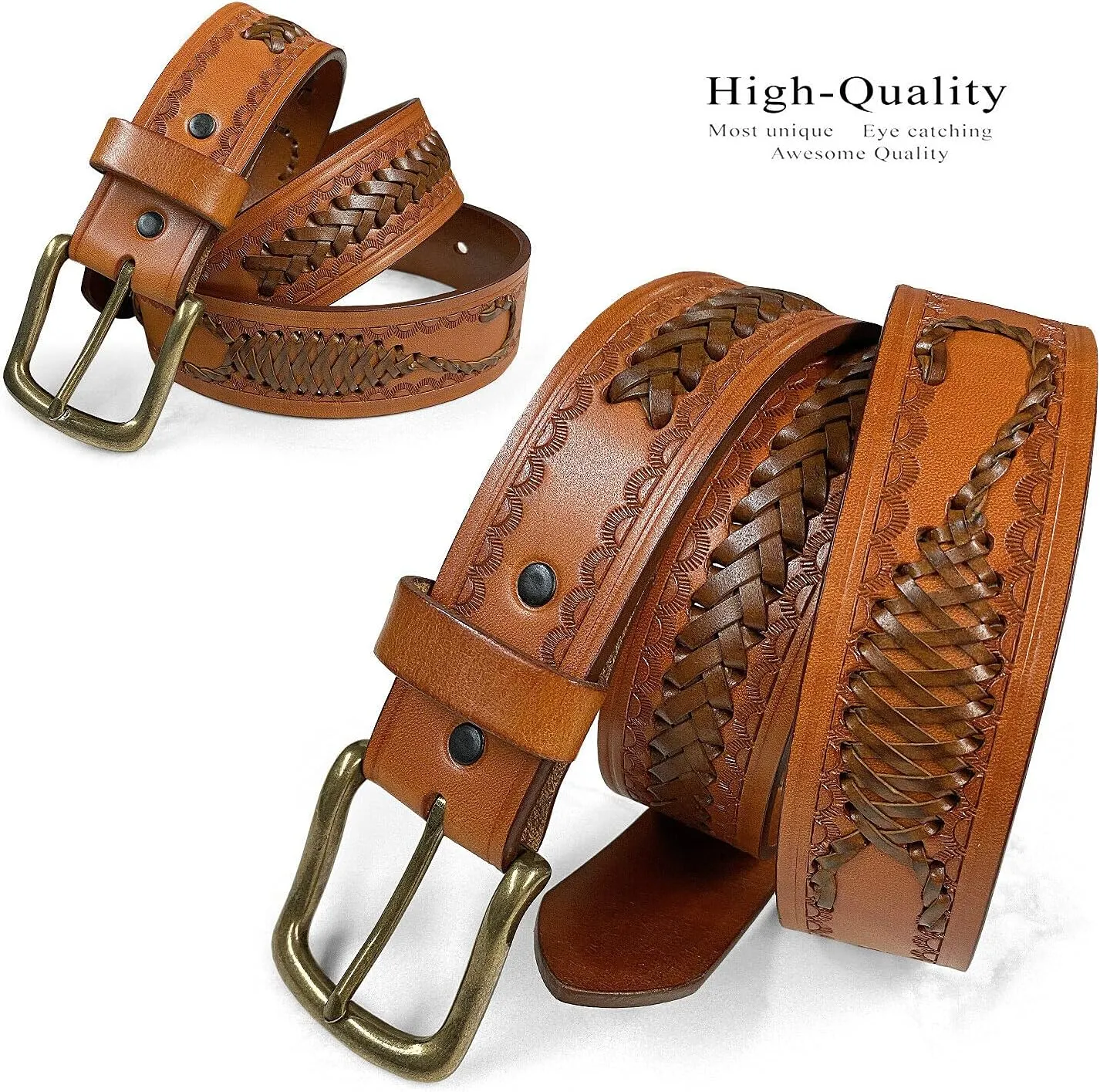 Western Hand-Braided Belt Genuine Full Grain Leather Casual Jean Belt 1-1/2"(38mm) Wide, Assembled in the U.S