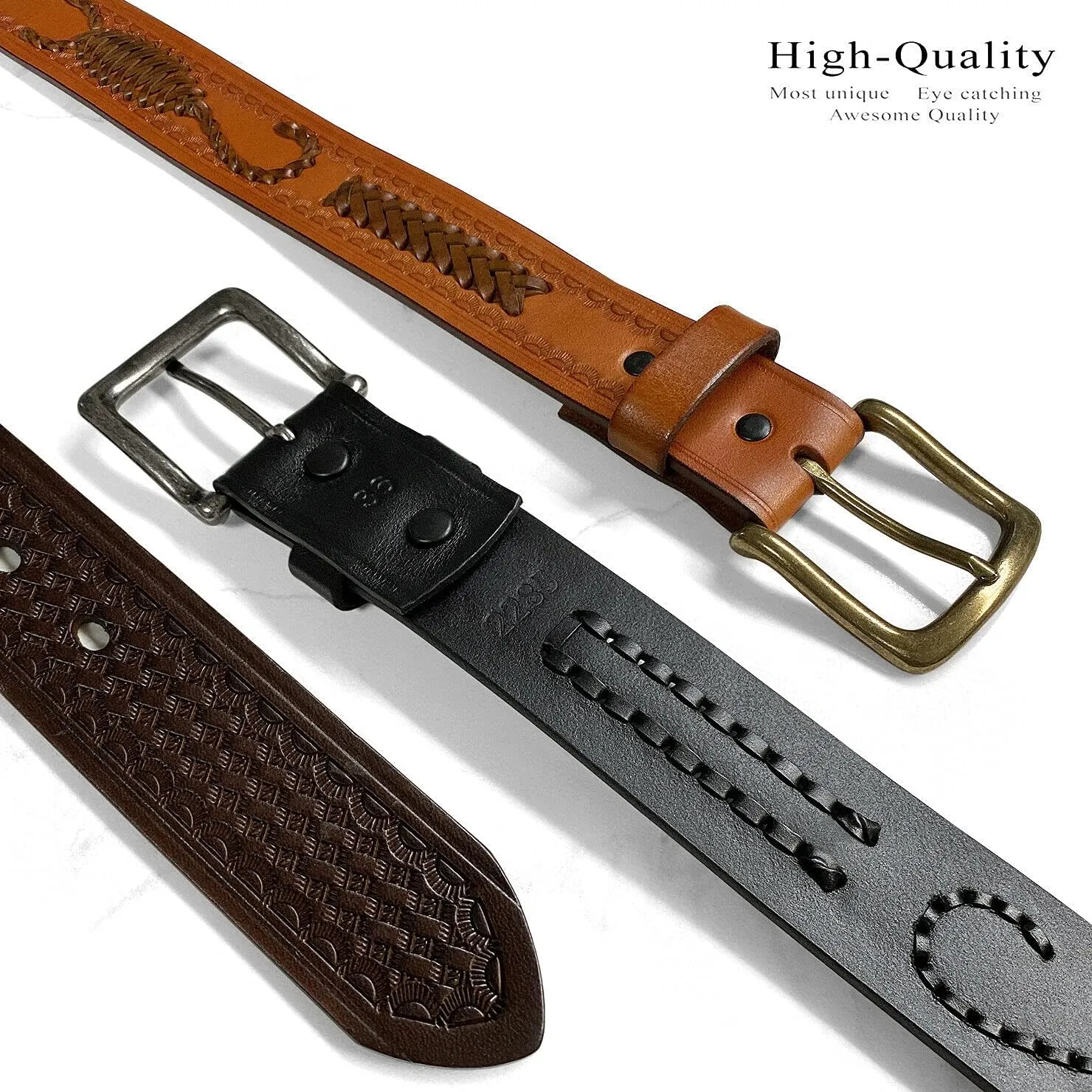 Western Hand-Braided Belt Genuine Full Grain Leather Casual Jean Belt 1-1/2"(38mm) Wide, Assembled in the U.S