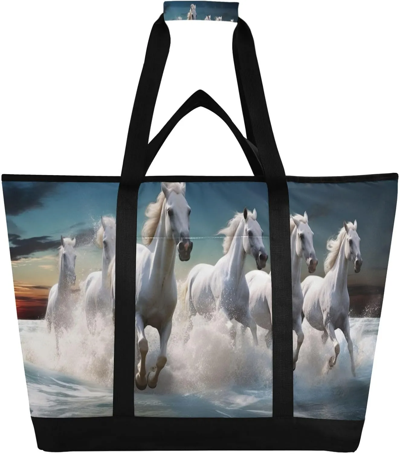 White Horse Reusable Insulated Lunchbox Cooler Bag, Leakproof Kitchen Grocery Bag Collapsible Portable Cooler Tote Bag for Picnic, Camping, Office, Travel