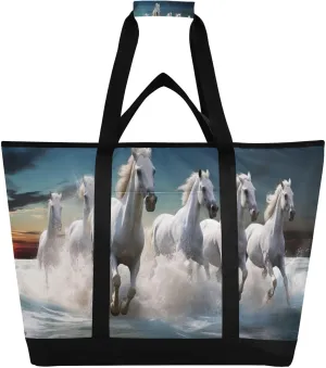 White Horse Reusable Insulated Lunchbox Cooler Bag, Leakproof Kitchen Grocery Bag Collapsible Portable Cooler Tote Bag for Picnic, Camping, Office, Travel