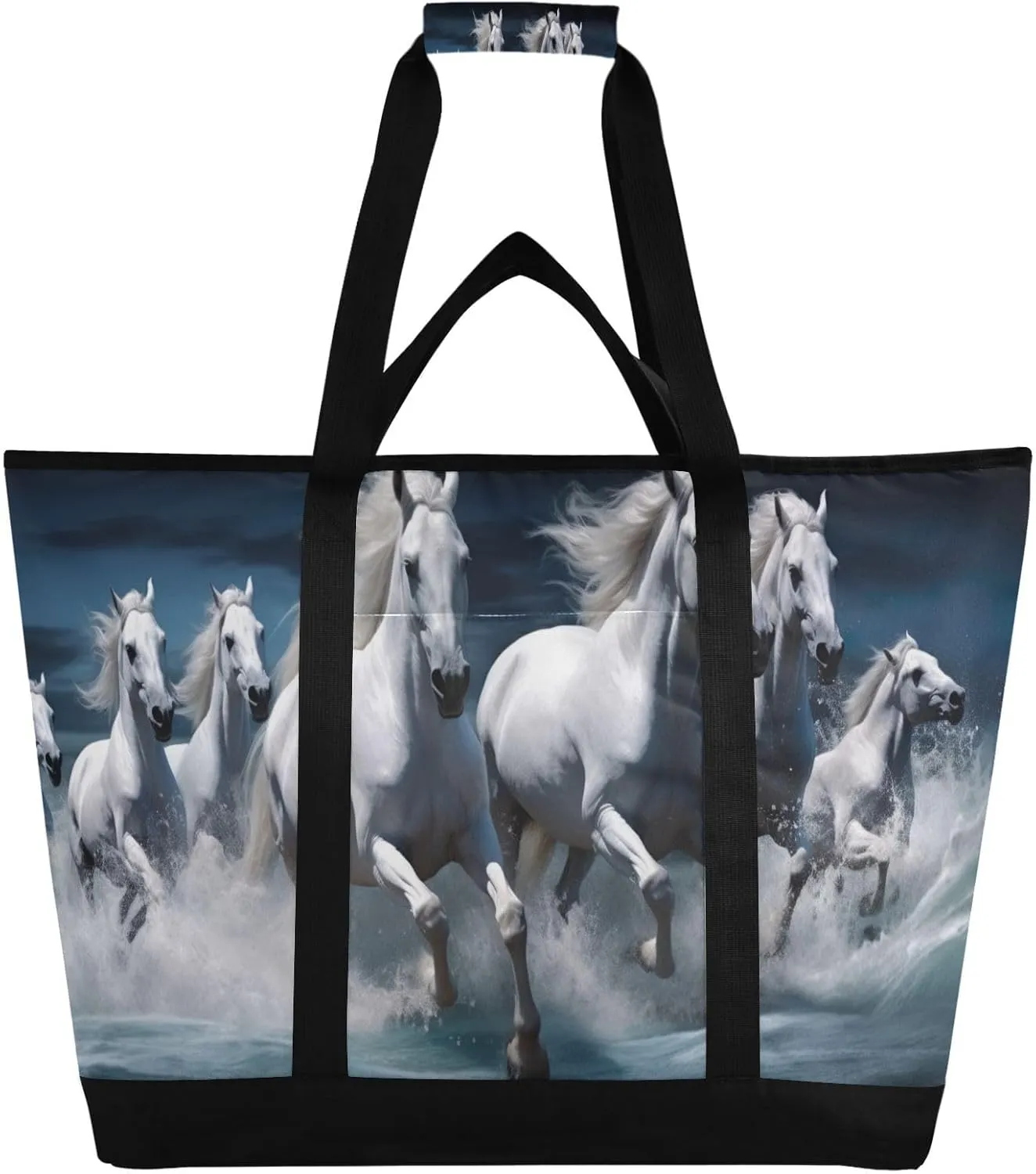 White Horse Reusable Insulated Lunchbox Cooler Bag, Leakproof Kitchen Grocery Bag Collapsible Portable Cooler Tote Bag for Picnic, Camping, Office, Travel