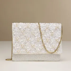 White Pearl & Sequin Beaded Clutch with Chain