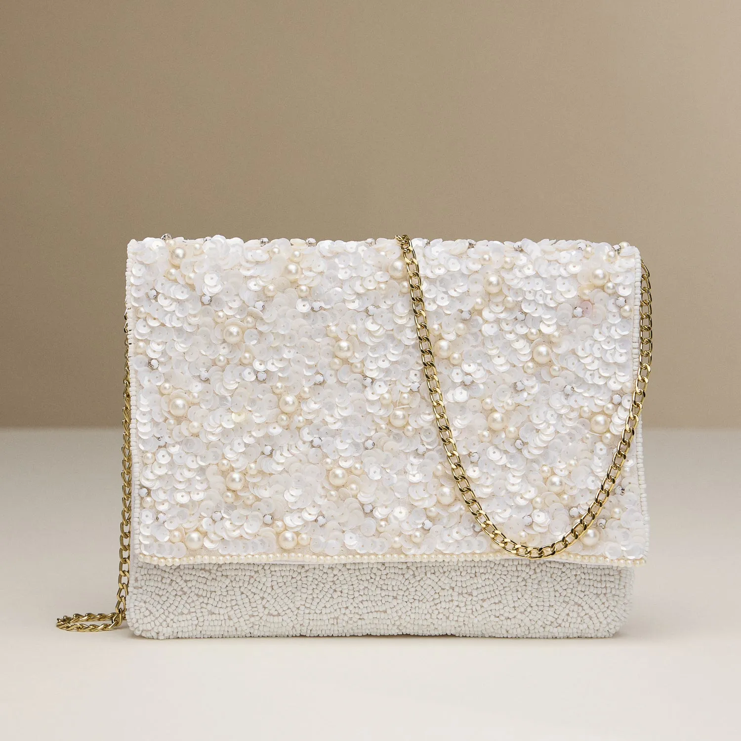 White Pearl & Sequin Beaded Clutch with Chain