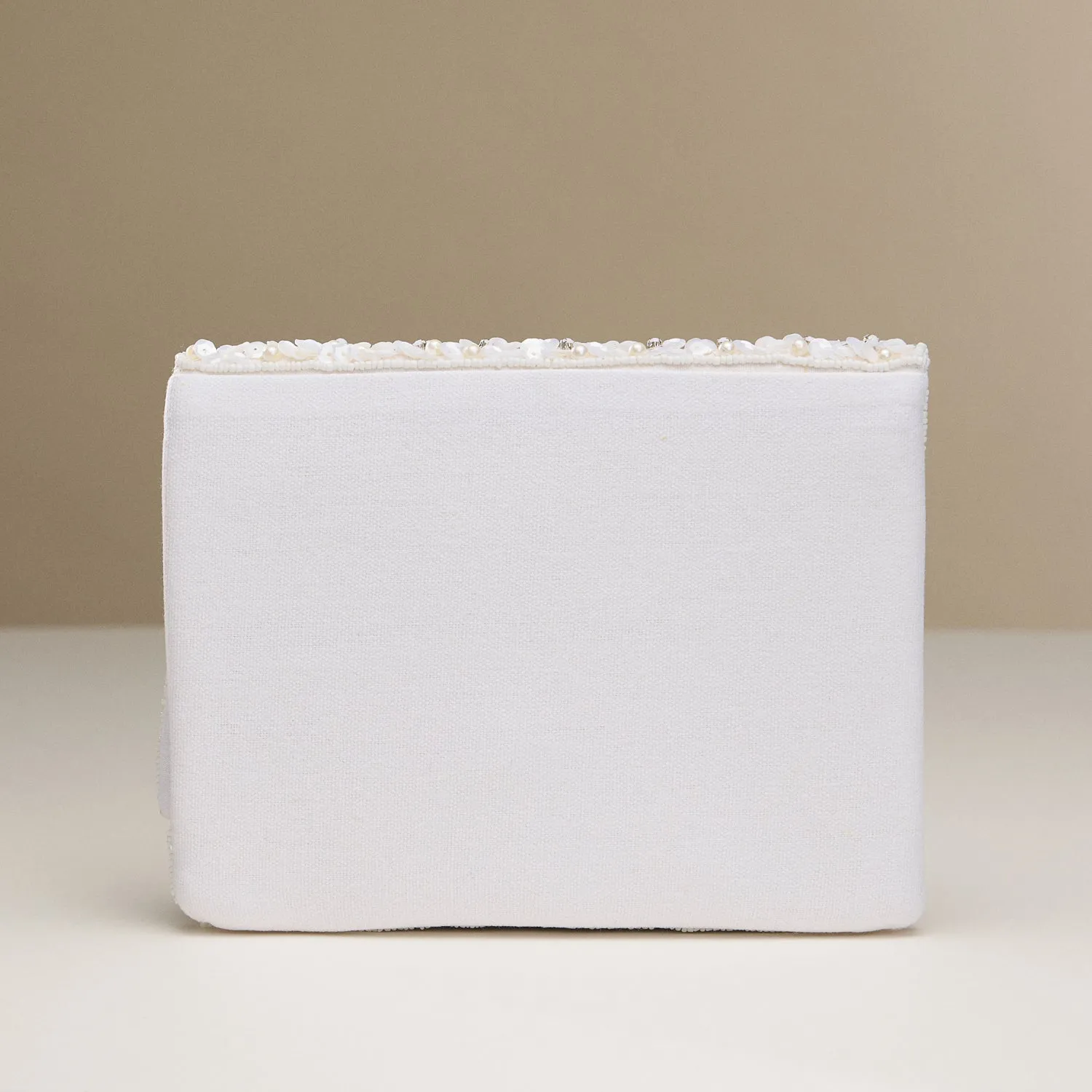 White Pearl & Sequin Beaded Clutch with Chain