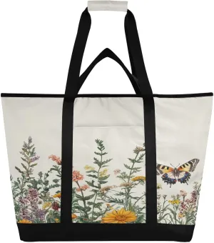 Wildflowers Butterfly Reusable Insulated Lunchbox Cooler Bag, Leakproof Kitchen Grocery Bag Collapsible Portable Cooler Tote Bag for Picnic, Camping, Office, Travel