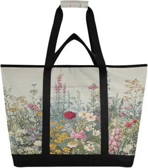 Wildflowers Reusable Insulated Lunchbox Cooler Bag, Leakproof Kitchen Grocery Bag Collapsible Portable Cooler Tote Bag for Picnic, Camping, Office, Travel