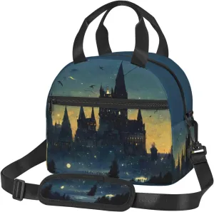Wizard Castle Halloween Lunch Bag For Women Men Insulated Zippered Lunch Box Tote Bag For Work Picnic Beach Water-Resistant Fabric With Exterior Pockets