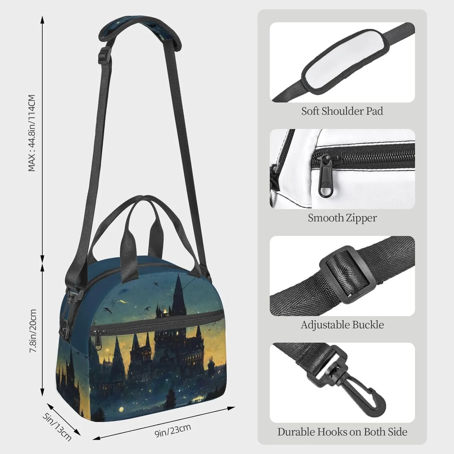 Wizard Castle Halloween Lunch Bag For Women Men Insulated Zippered Lunch Box Tote Bag For Work Picnic Beach Water-Resistant Fabric With Exterior Pockets