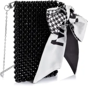 Women Beaded Crossbody Bag Cellphonebag Wallet on Chain with Tied Silk for Evening Party