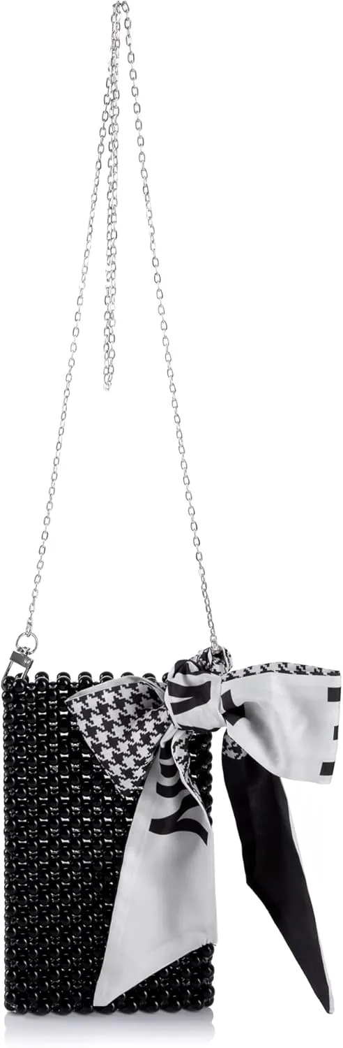 Women Beaded Crossbody Bag Cellphonebag Wallet on Chain with Tied Silk for Evening Party