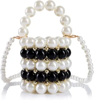 Women Beaded Evening Bucket Bag Small Lipstick Handbag Velvet Lining with Detachable Chain for Wedding Party