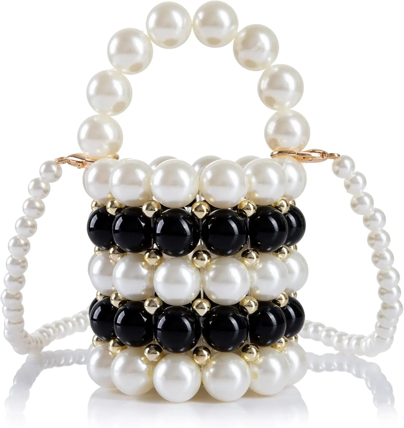 Women Beaded Evening Bucket Bag Small Lipstick Handbag Velvet Lining with Detachable Chain for Wedding Party
