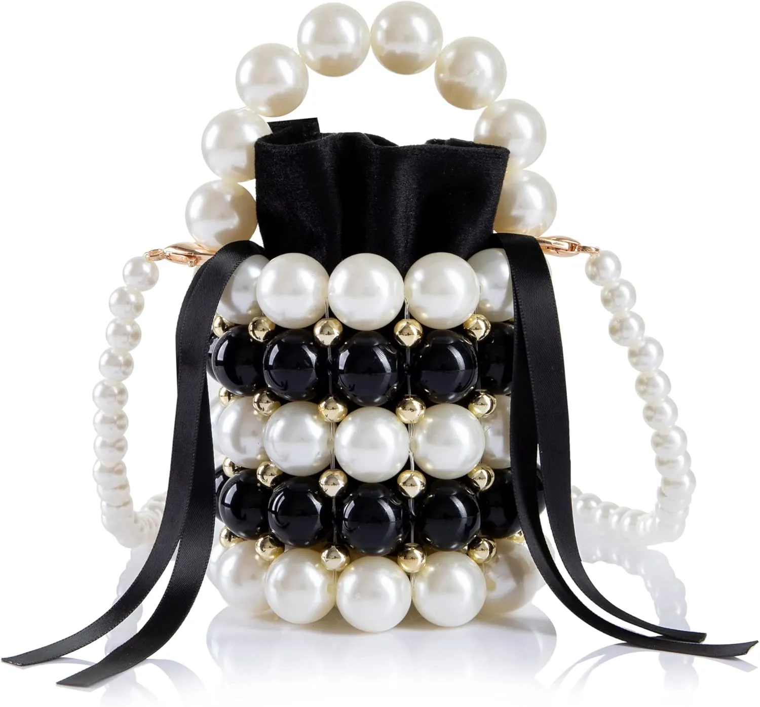 Women Beaded Evening Bucket Bag Small Lipstick Handbag Velvet Lining with Detachable Chain for Wedding Party
