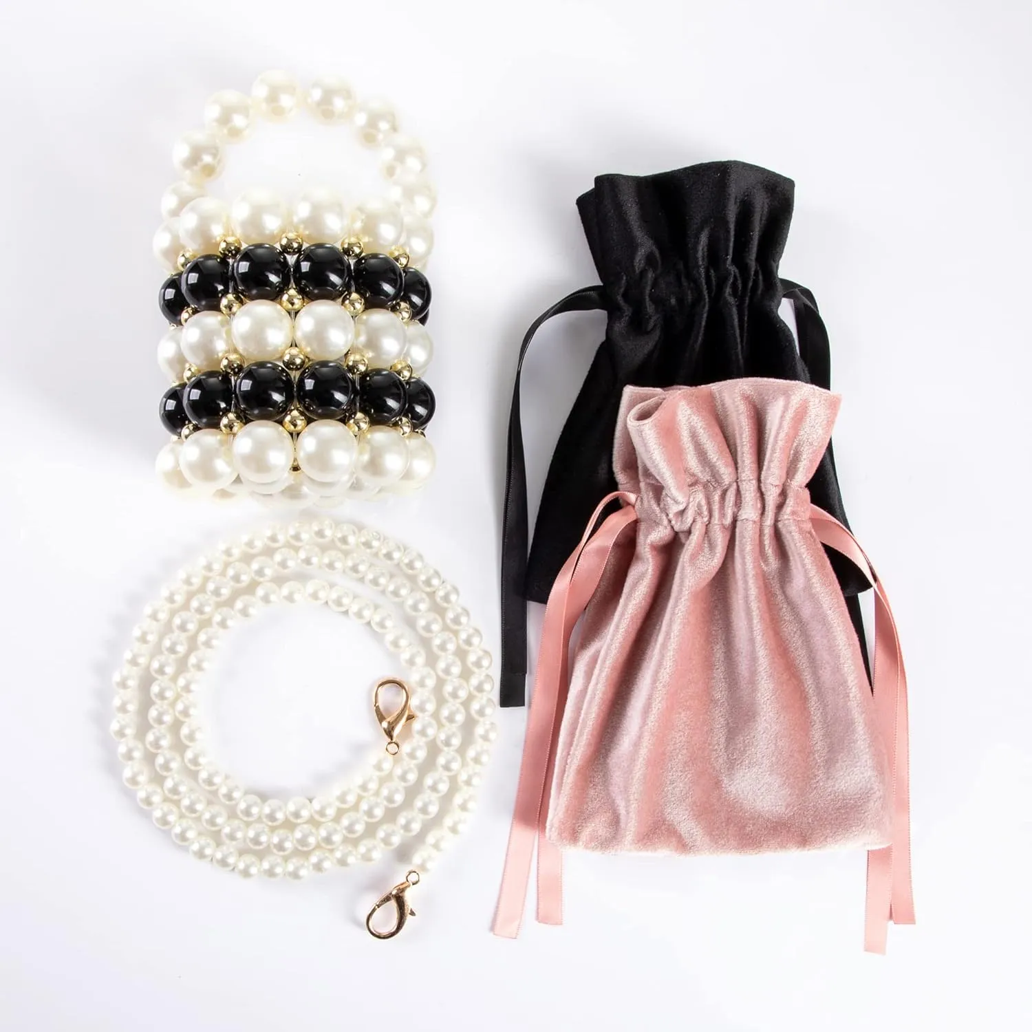Women Beaded Evening Bucket Bag Small Lipstick Handbag Velvet Lining with Detachable Chain for Wedding Party
