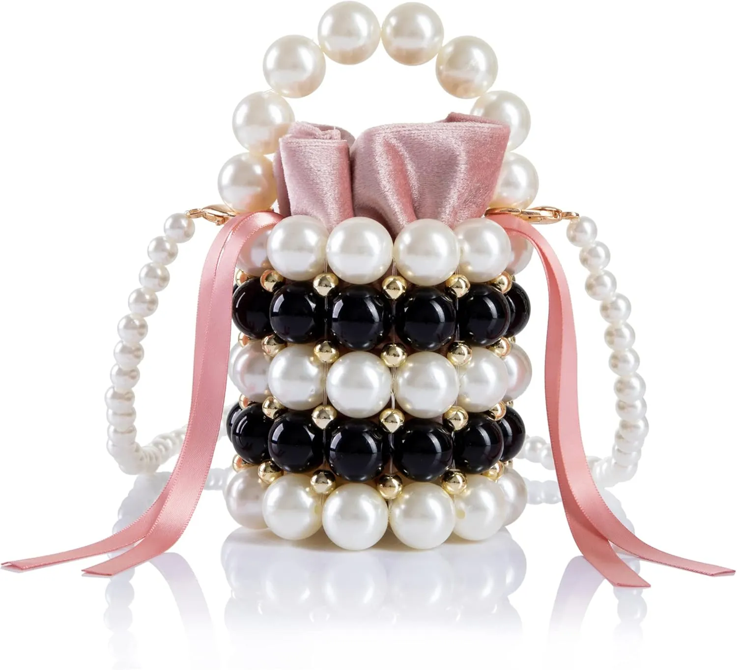Women Beaded Evening Bucket Bag Small Lipstick Handbag Velvet Lining with Detachable Chain for Wedding Party