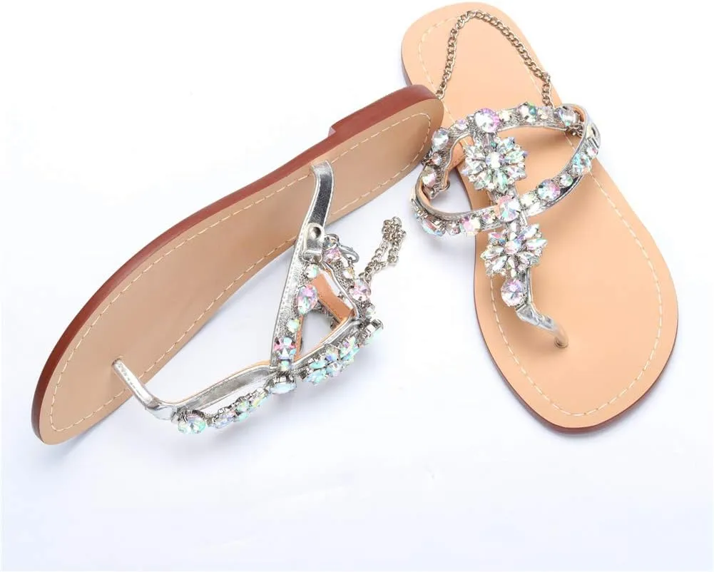 Women Bedazzled Bling Rhinestones Chains Thong Boho Beach Flat Bridal Crystal Gems Gladiator Summer Jewel Sandals for Wedding