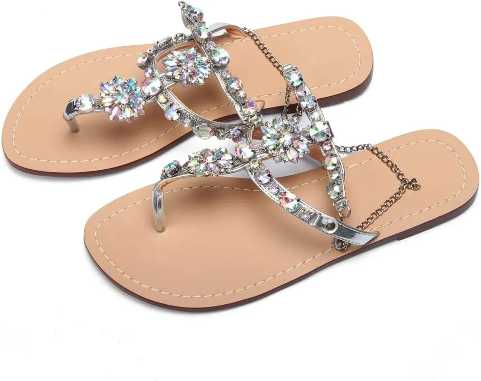 Women Bedazzled Bling Rhinestones Chains Thong Boho Beach Flat Bridal Crystal Gems Gladiator Summer Jewel Sandals for Wedding