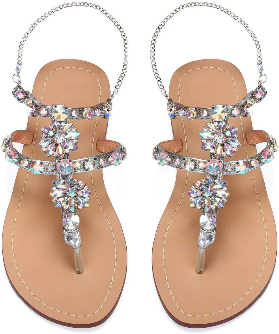 Women Bedazzled Bling Rhinestones Chains Thong Boho Beach Flat Bridal Crystal Gems Gladiator Summer Jewel Sandals for Wedding