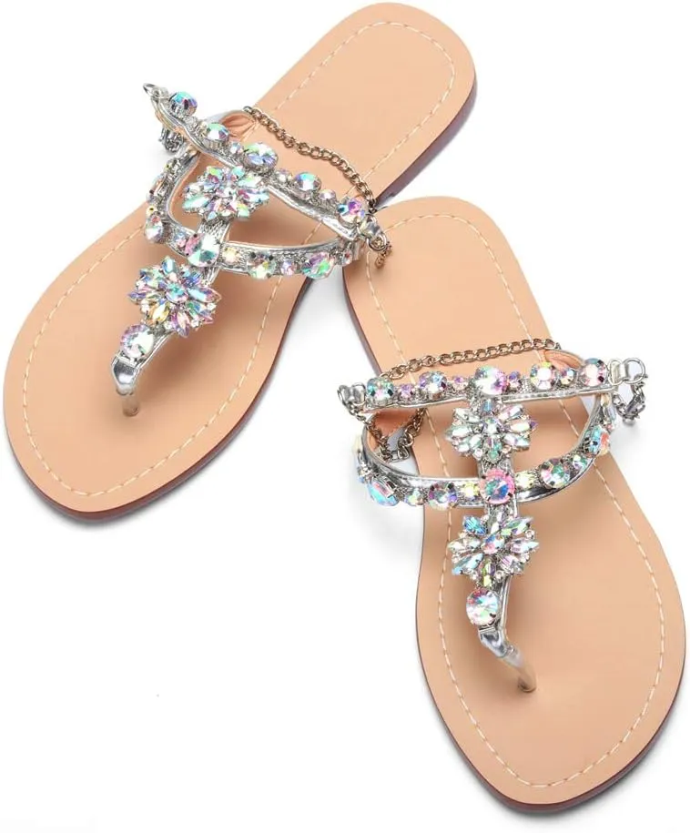 Women Bedazzled Bling Rhinestones Chains Thong Boho Beach Flat Bridal Crystal Gems Gladiator Summer Jewel Sandals for Wedding