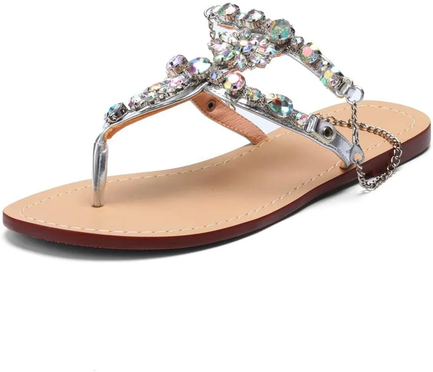 Women Bedazzled Bling Rhinestones Chains Thong Boho Beach Flat Bridal Crystal Gems Gladiator Summer Jewel Sandals for Wedding