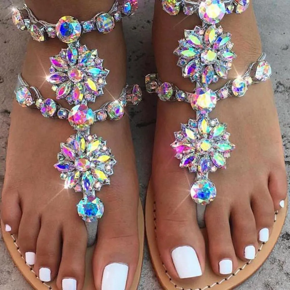 Women Bedazzled Bling Rhinestones Chains Thong Boho Beach Flat Bridal Crystal Gems Gladiator Summer Jewel Sandals for Wedding