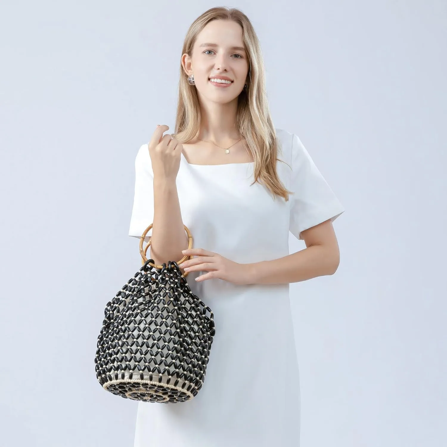 Women Girls Retro Wood Beaded Handbag Ladies Natural Handmade Drawstring Bucket Shoulder Bags Party Beach Vacation Tote Purse