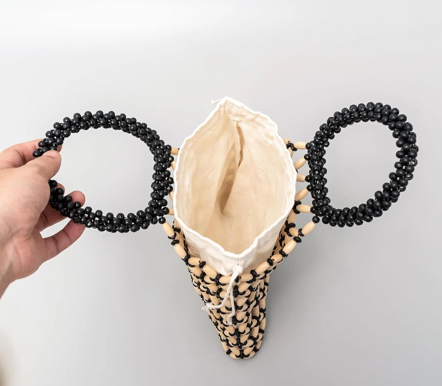 Women Girls Retro Wood Beaded Handbag Ladies Natural Handmade Drawstring Bucket Shoulder Bags Party Beach Vacation Tote Purse