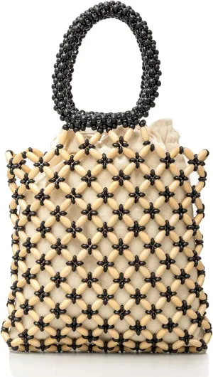Women Girls Retro Wood Beaded Handbag Ladies Natural Handmade Drawstring Bucket Shoulder Bags Party Beach Vacation Tote Purse