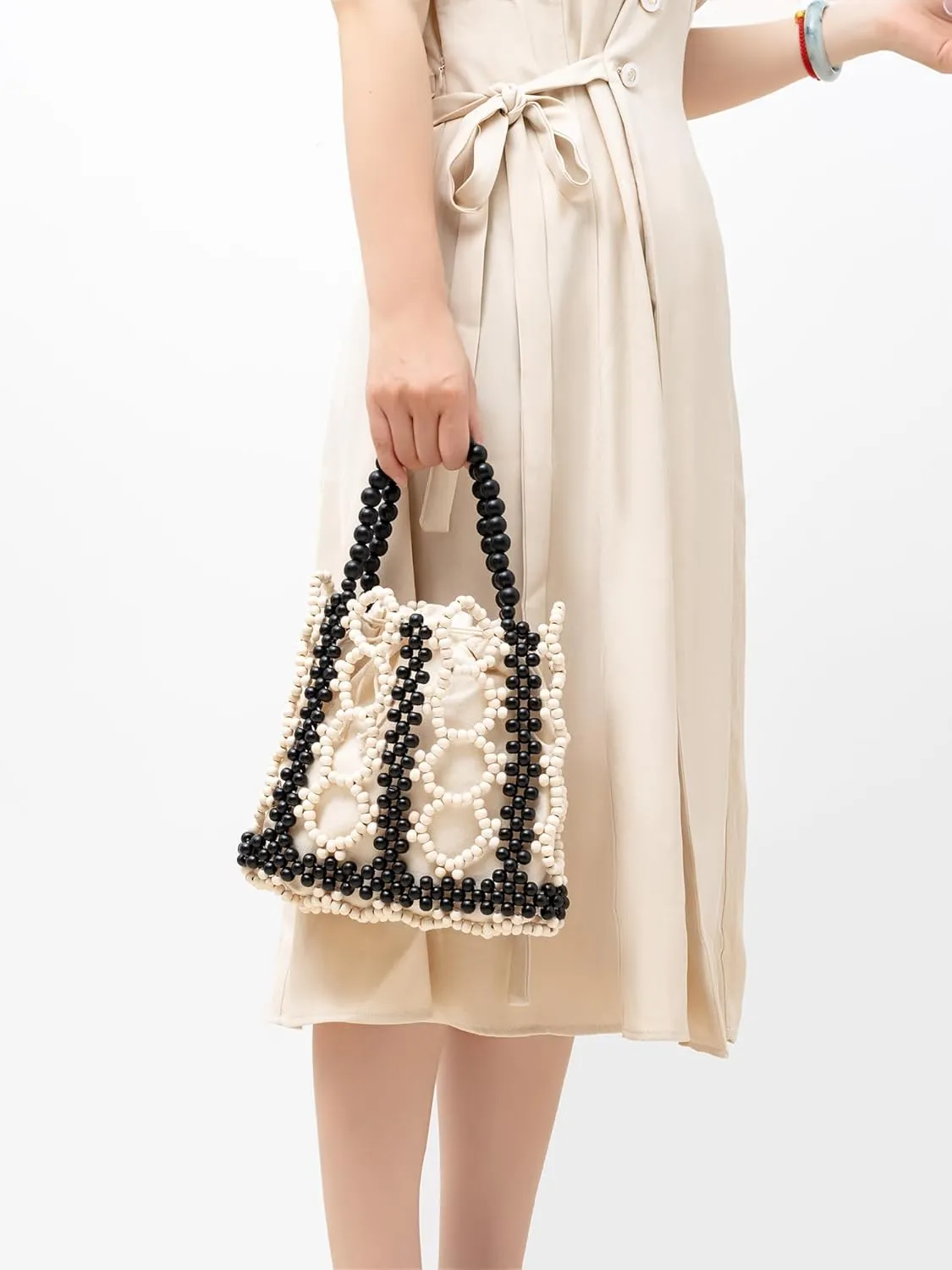 Women Girls Retro Wood Beaded Handbag Ladies Natural Handmade Drawstring Bucket Shoulder Bags Party Beach Vacation Tote Purse