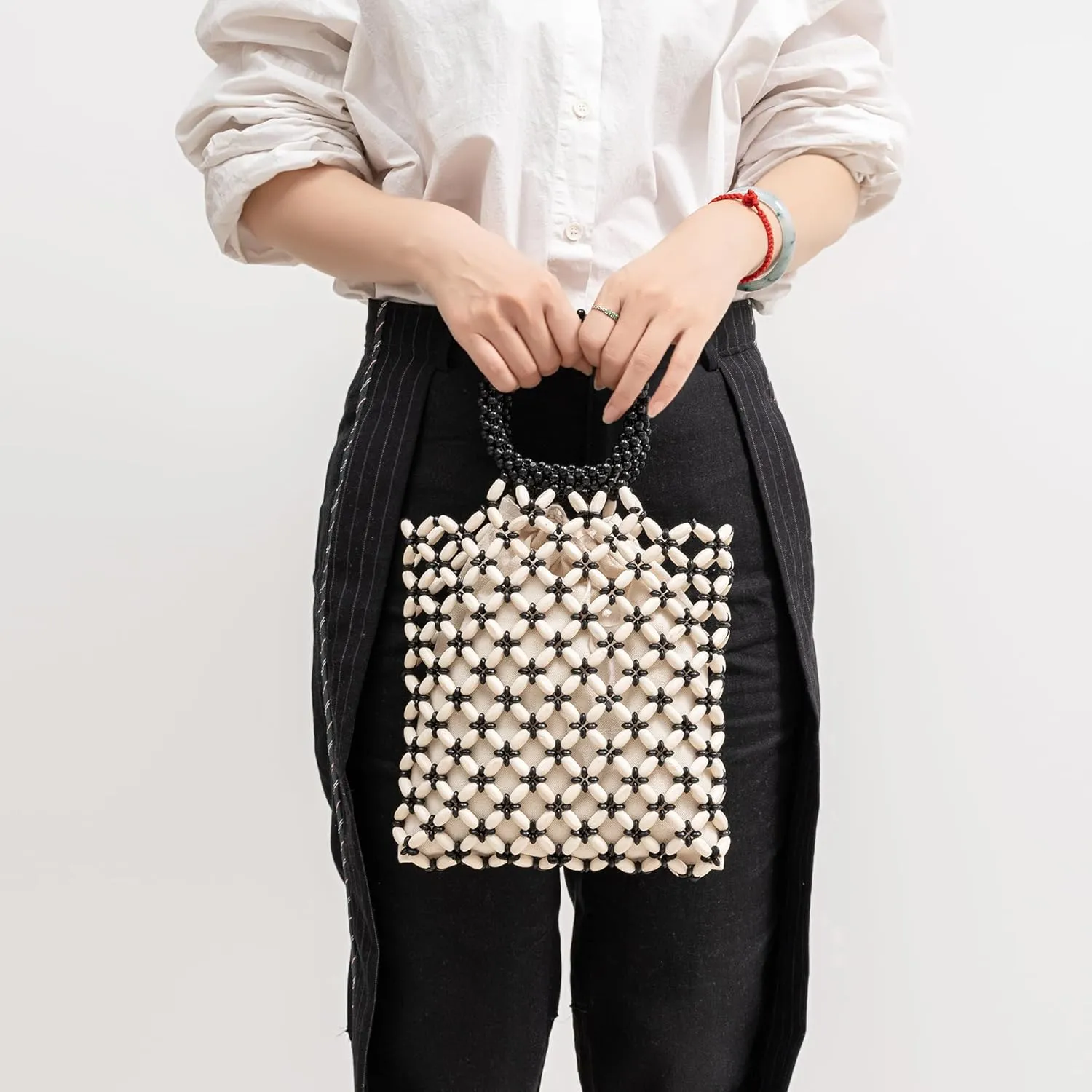 Women Girls Retro Wood Beaded Handbag Ladies Natural Handmade Drawstring Bucket Shoulder Bags Party Beach Vacation Tote Purse