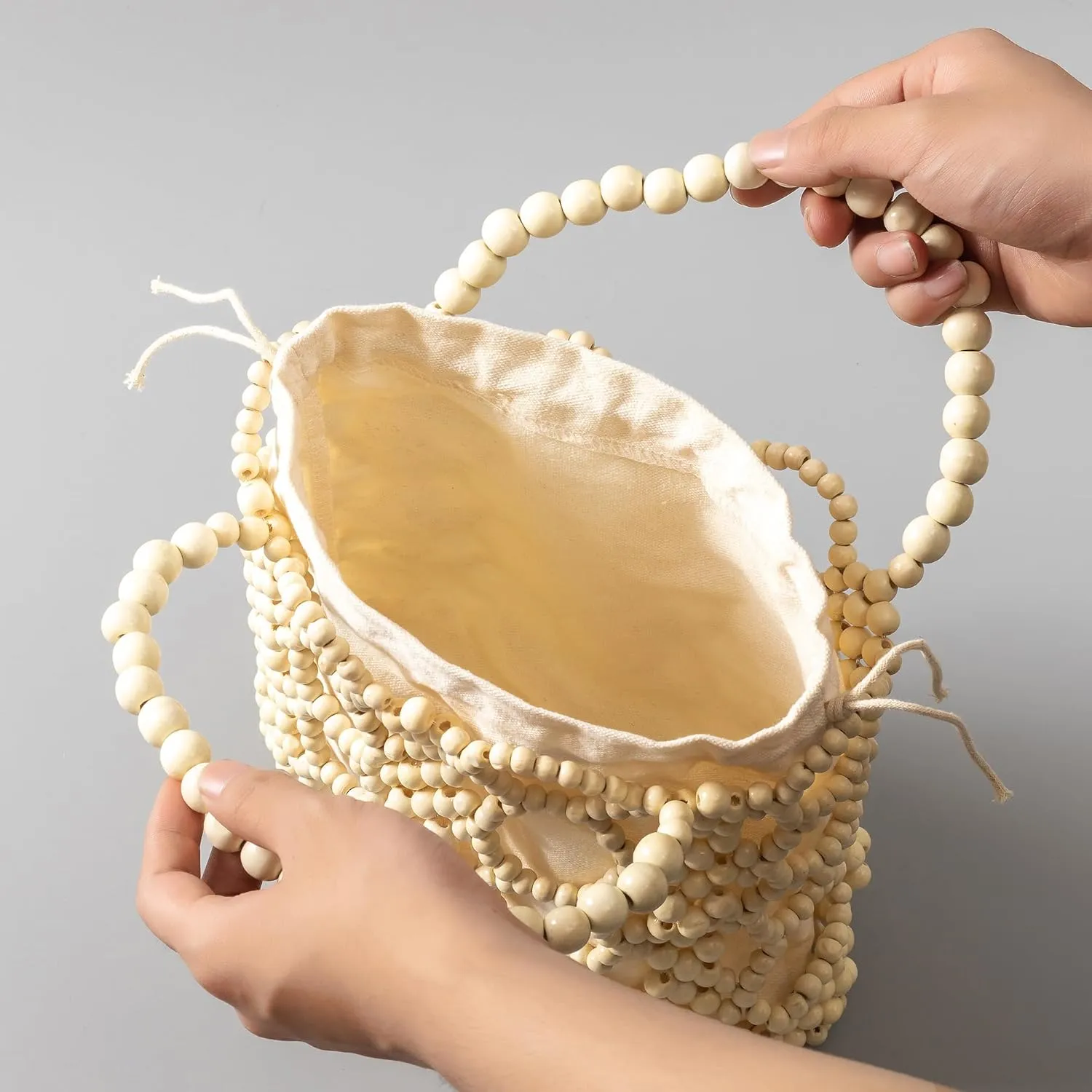 Women Girls Retro Wood Beaded Handbag Ladies Natural Handmade Drawstring Bucket Shoulder Bags Party Beach Vacation Tote Purse