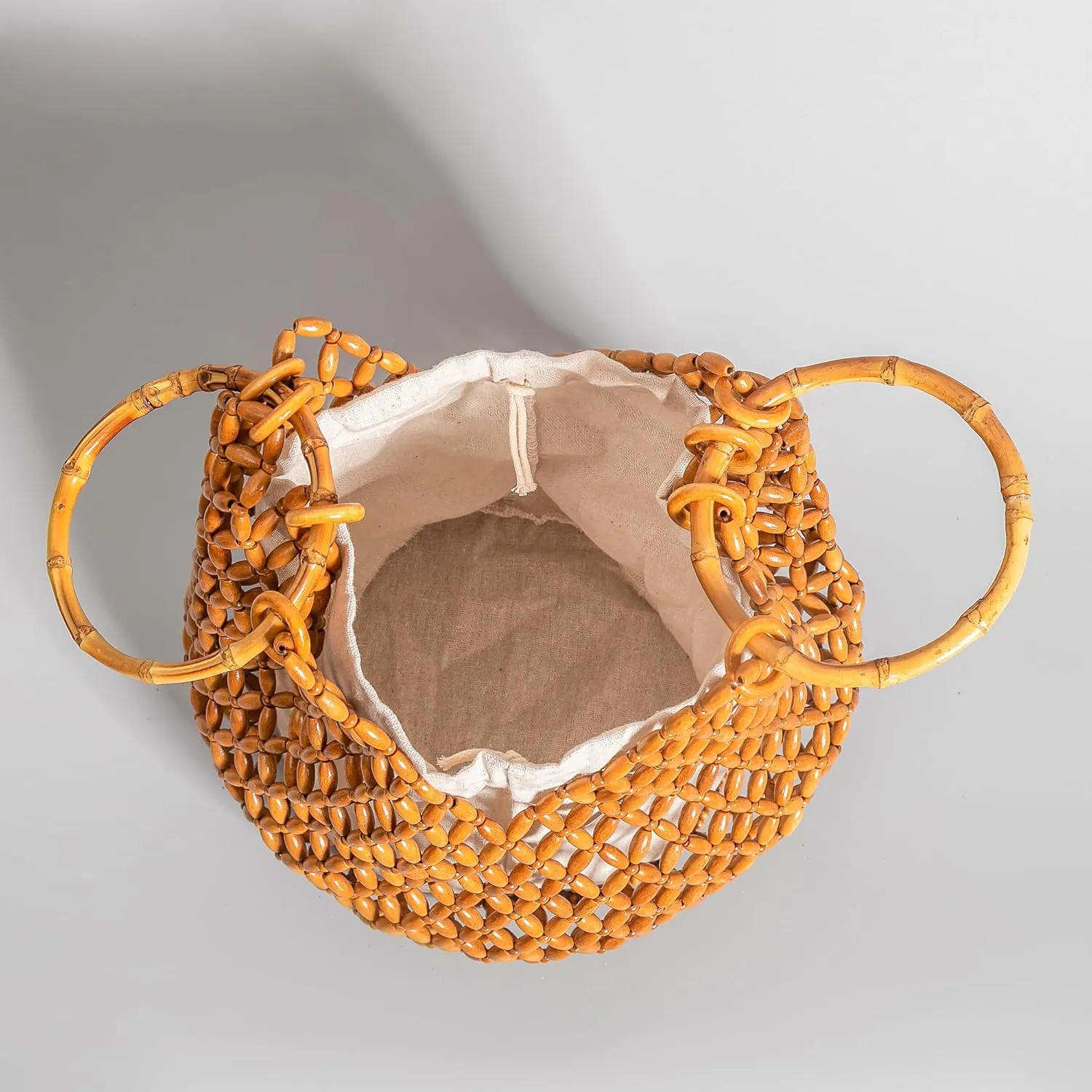 Women Girls Retro Wood Beaded Handbag Ladies Natural Handmade Drawstring Bucket Shoulder Bags Party Beach Vacation Tote Purse