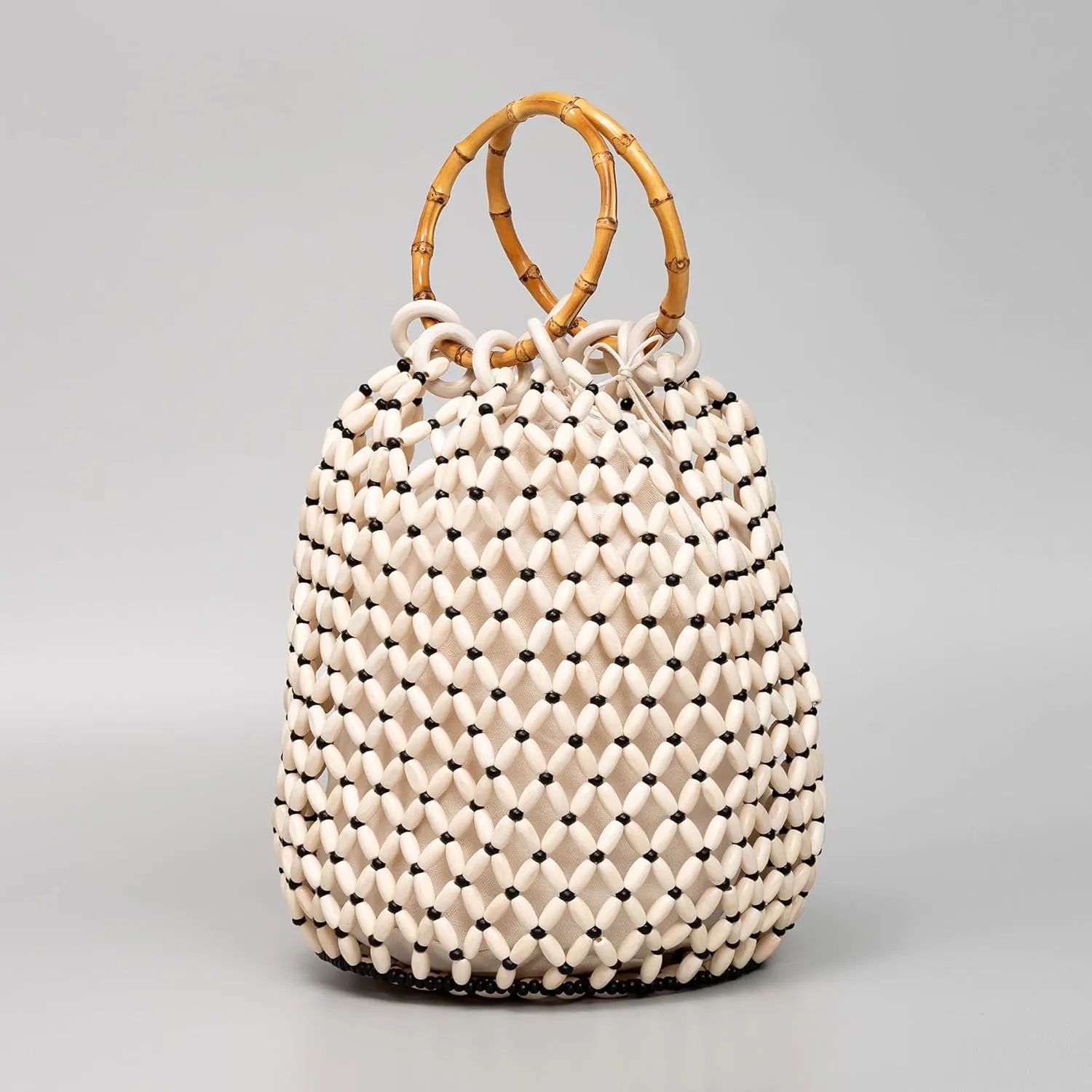 Women Girls Retro Wood Beaded Handbag Ladies Natural Handmade Drawstring Bucket Shoulder Bags Party Beach Vacation Tote Purse