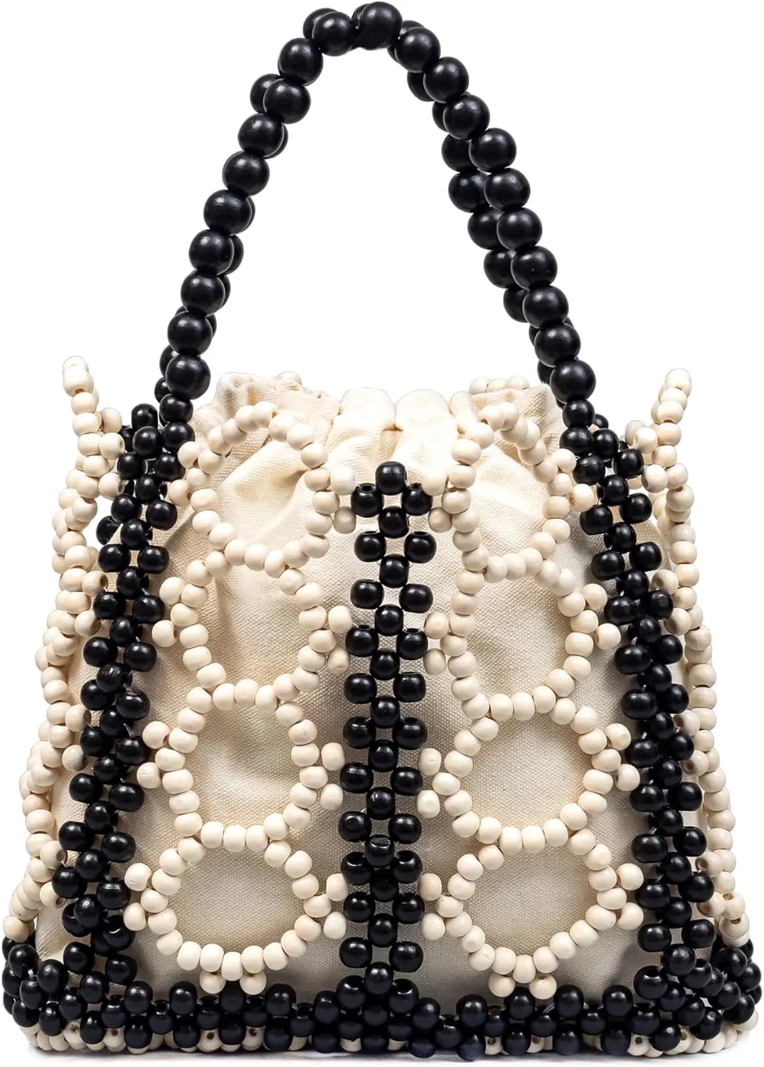 Women Girls Retro Wood Beaded Handbag Ladies Natural Handmade Drawstring Bucket Shoulder Bags Party Beach Vacation Tote Purse