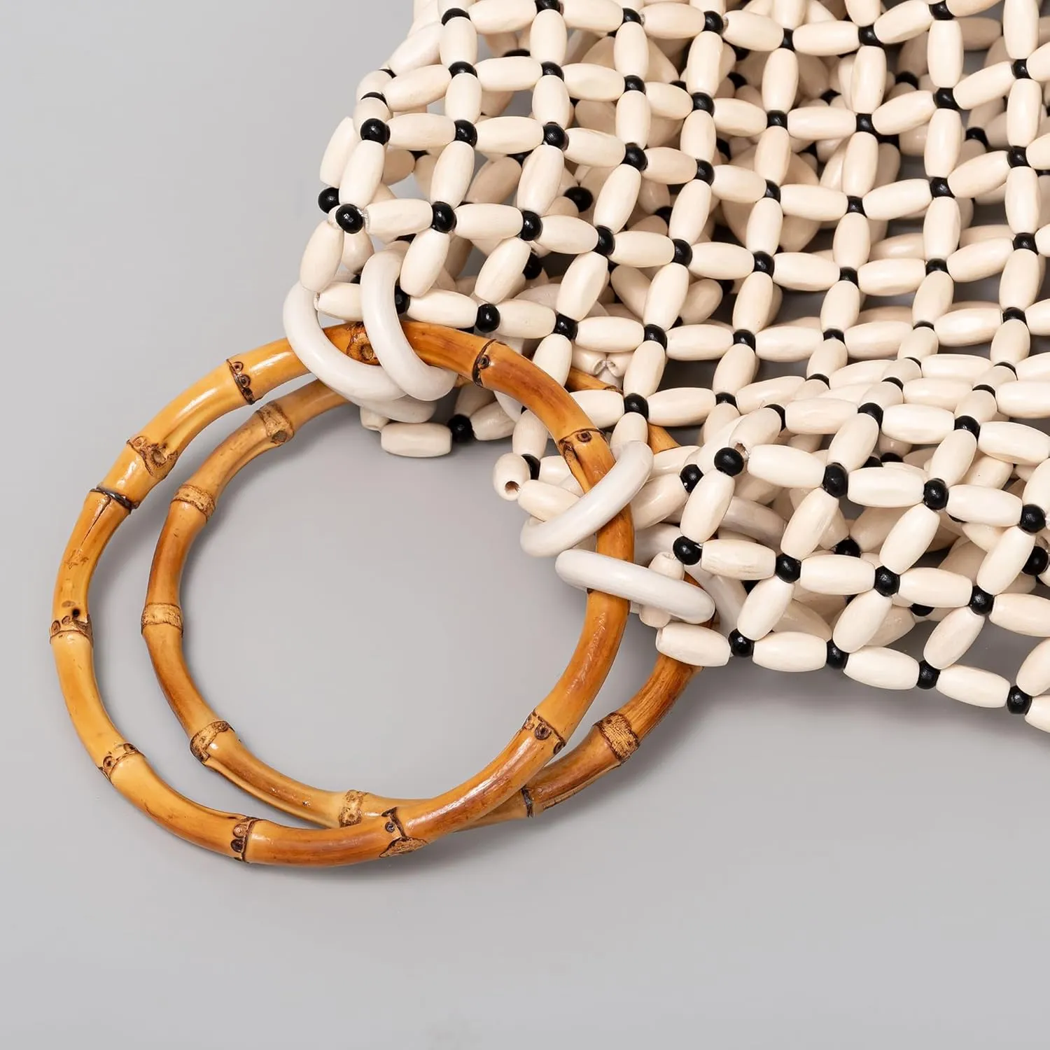 Women Girls Retro Wood Beaded Handbag Ladies Natural Handmade Drawstring Bucket Shoulder Bags Party Beach Vacation Tote Purse