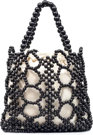 Women Girls Retro Wood Beaded Handbag Ladies Natural Handmade Drawstring Bucket Shoulder Bags Party Beach Vacation Tote Purse