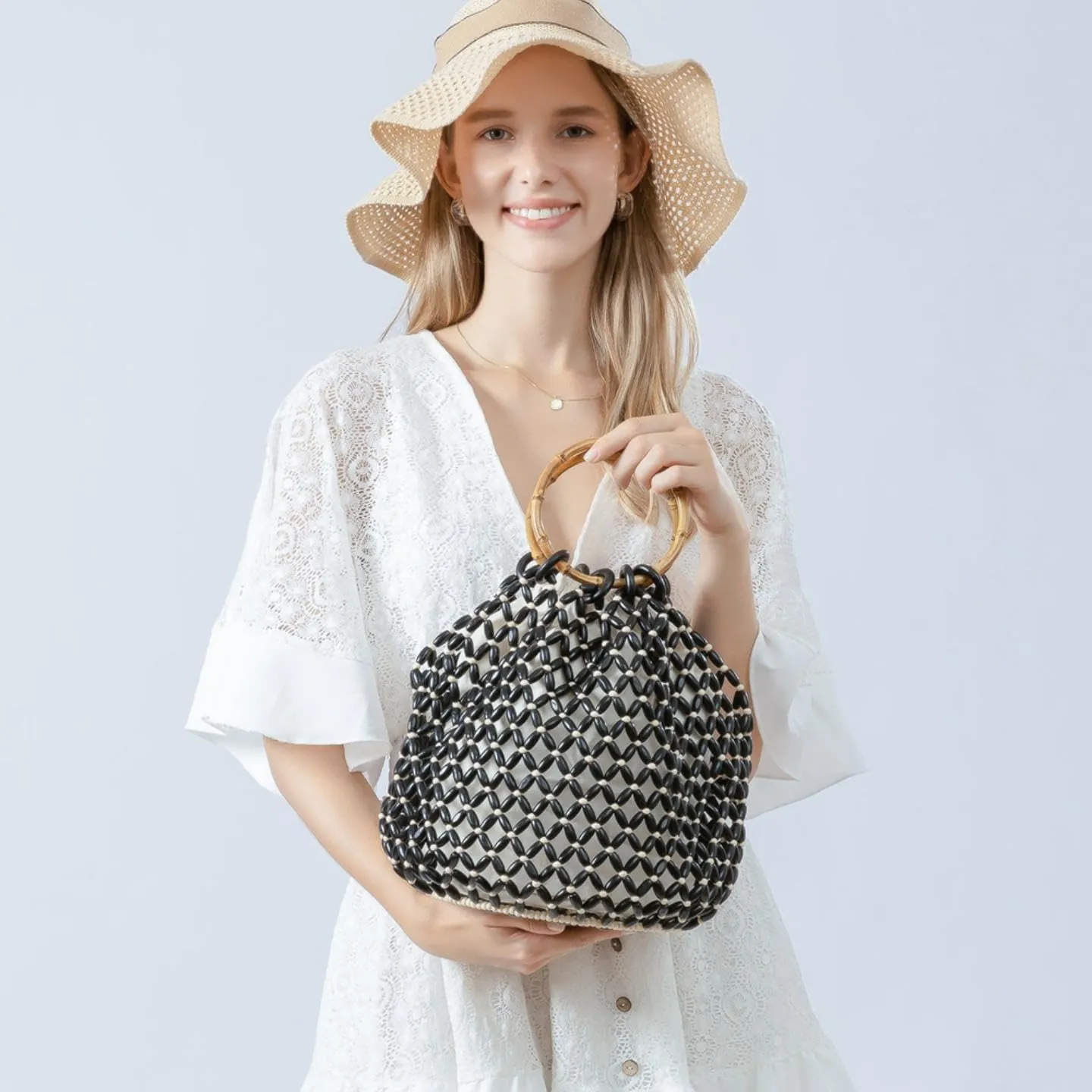 Women Girls Retro Wood Beaded Handbag Ladies Natural Handmade Drawstring Bucket Shoulder Bags Party Beach Vacation Tote Purse