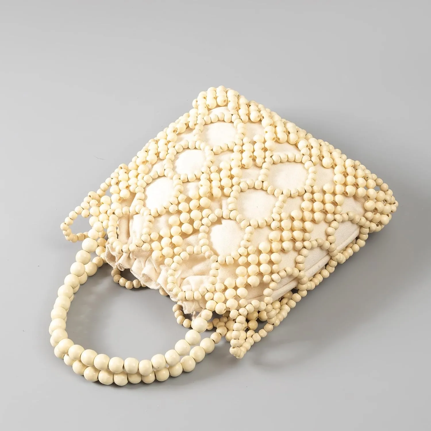 Women Girls Retro Wood Beaded Handbag Ladies Natural Handmade Drawstring Bucket Shoulder Bags Party Beach Vacation Tote Purse