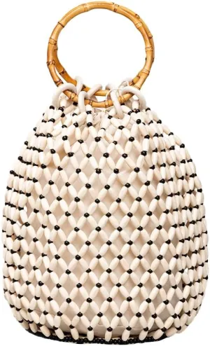 Women Girls Retro Wood Beaded Handbag Ladies Natural Handmade Drawstring Bucket Shoulder Bags Party Beach Vacation Tote Purse