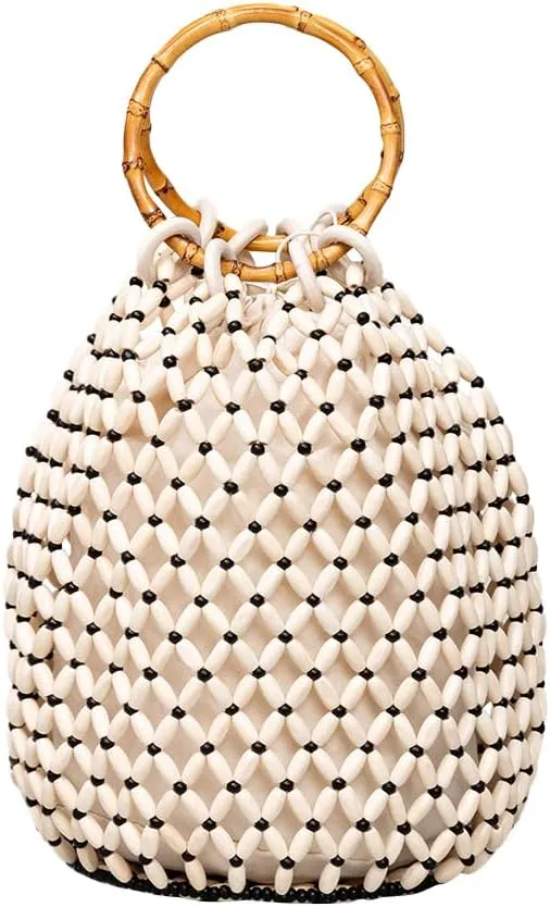 Women Girls Retro Wood Beaded Handbag Ladies Natural Handmade Drawstring Bucket Shoulder Bags Party Beach Vacation Tote Purse