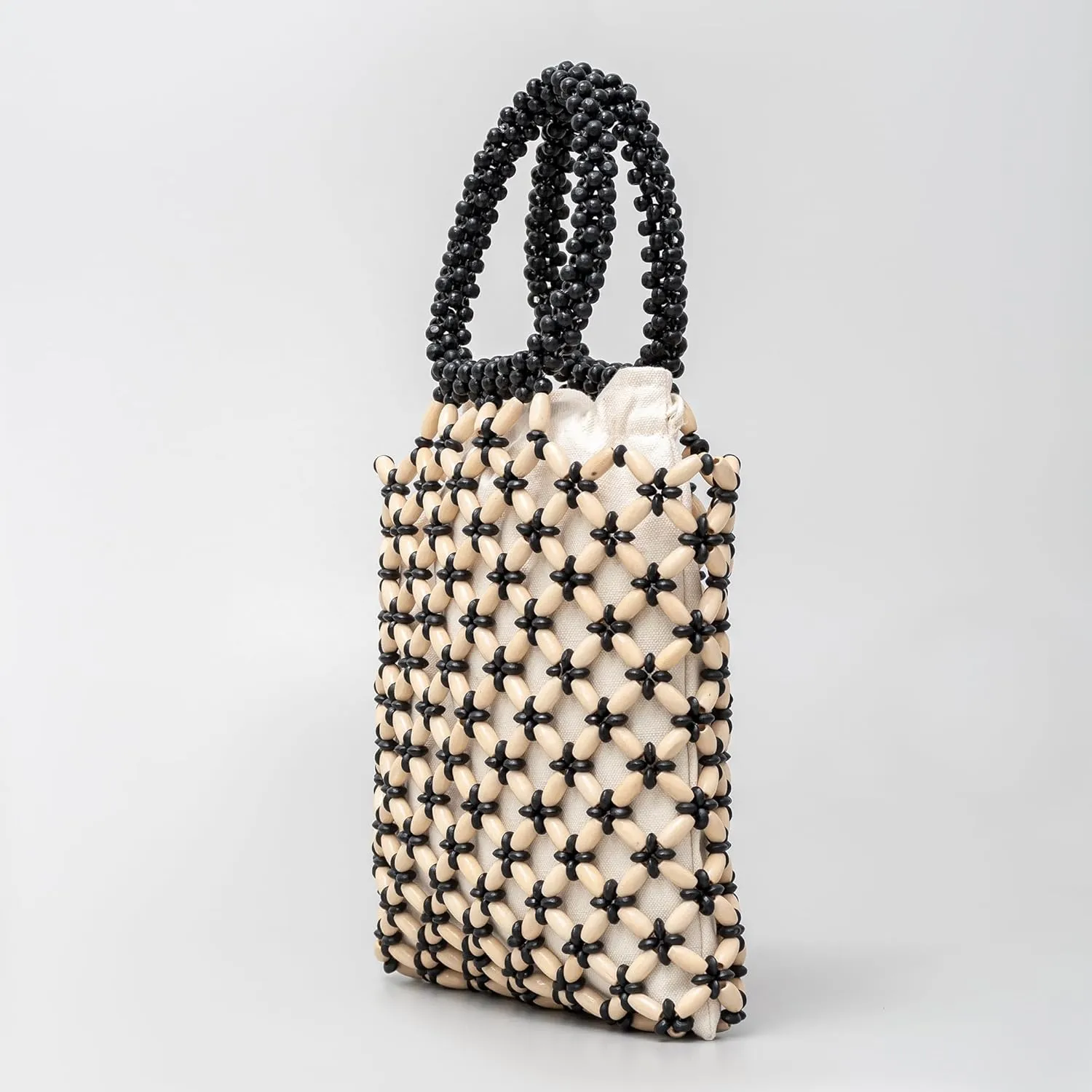 Women Girls Retro Wood Beaded Handbag Ladies Natural Handmade Drawstring Bucket Shoulder Bags Party Beach Vacation Tote Purse