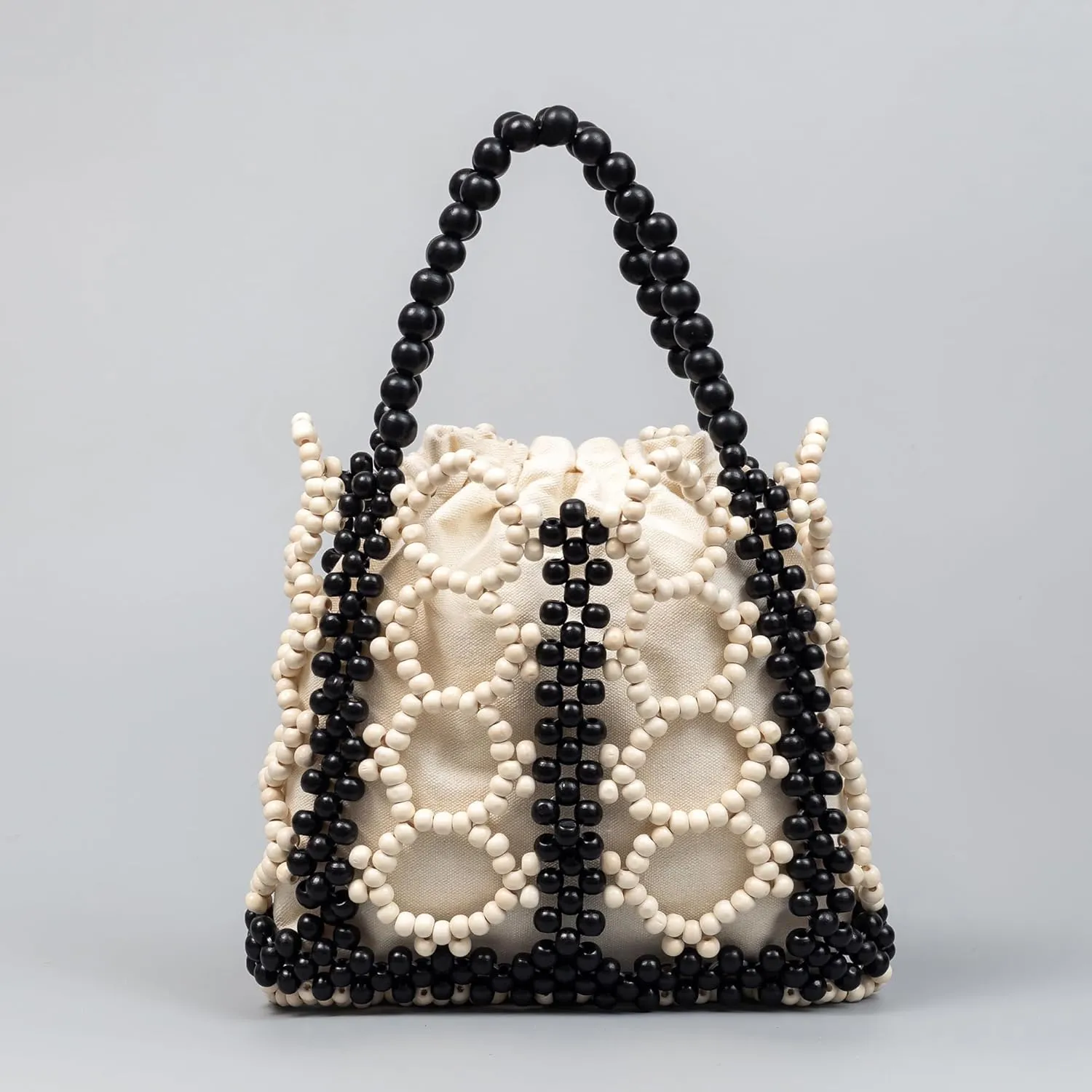 Women Girls Retro Wood Beaded Handbag Ladies Natural Handmade Drawstring Bucket Shoulder Bags Party Beach Vacation Tote Purse