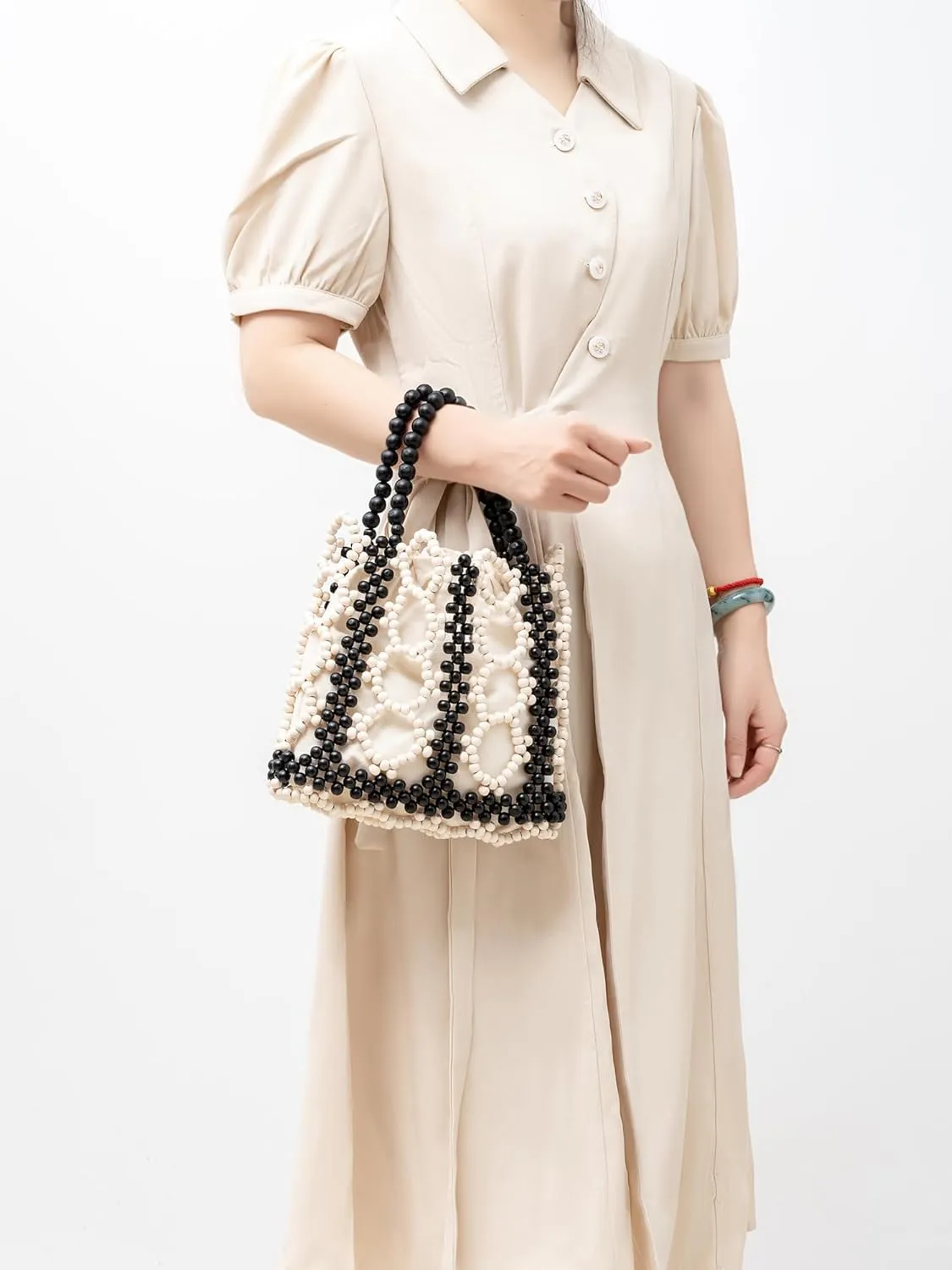 Women Girls Retro Wood Beaded Handbag Ladies Natural Handmade Drawstring Bucket Shoulder Bags Party Beach Vacation Tote Purse