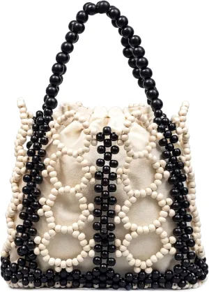 Women Girls Retro Wood Beaded Handbag Ladies Natural Handmade Drawstring Bucket Shoulder Bags Party Beach Vacation Tote Purse