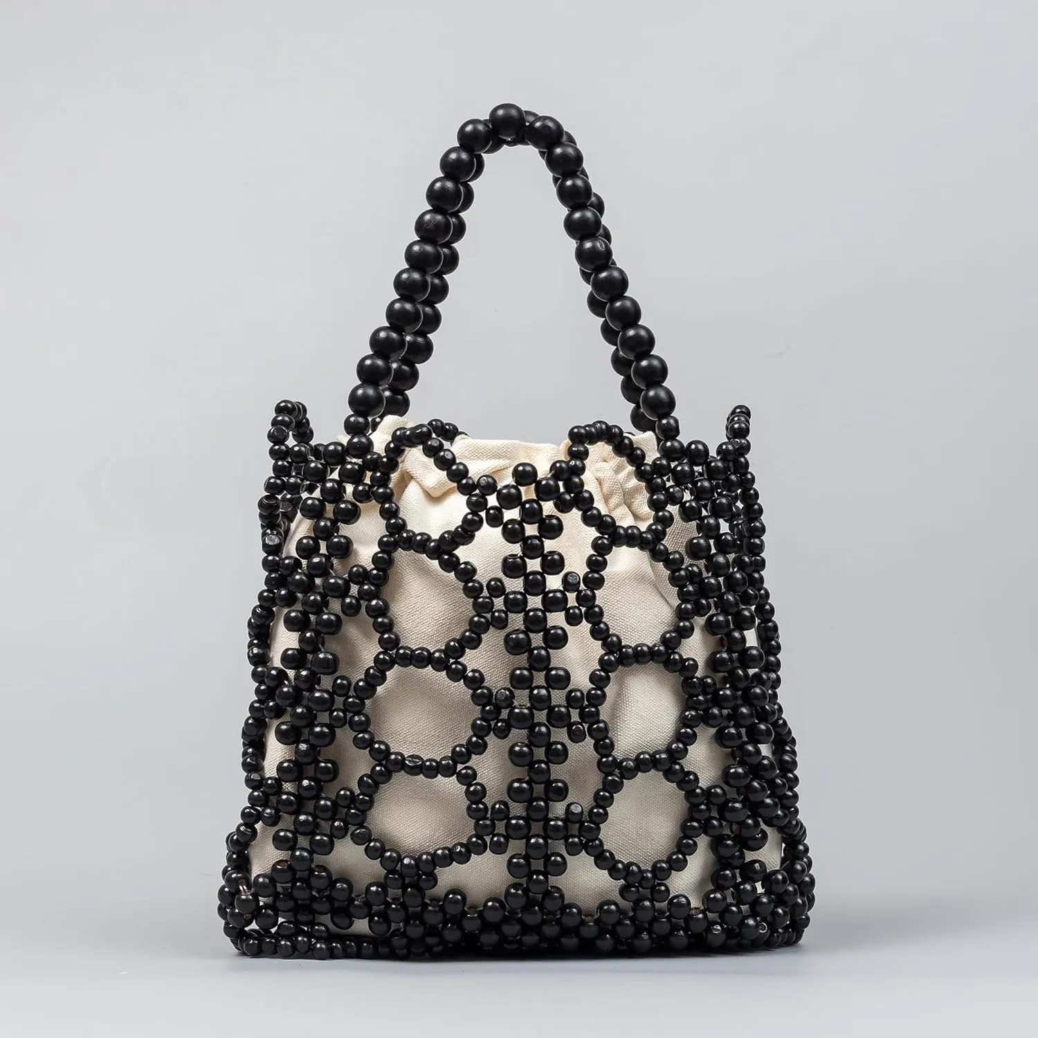 Women Girls Retro Wood Beaded Handbag Ladies Natural Handmade Drawstring Bucket Shoulder Bags Party Beach Vacation Tote Purse